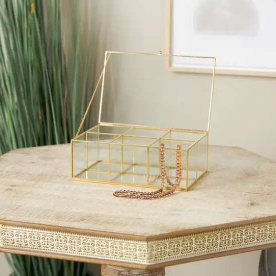 10" x 7" x 4" Clear & Gold 6-Slot Glass & Metal Jewelry Box with Chain Accent {3}