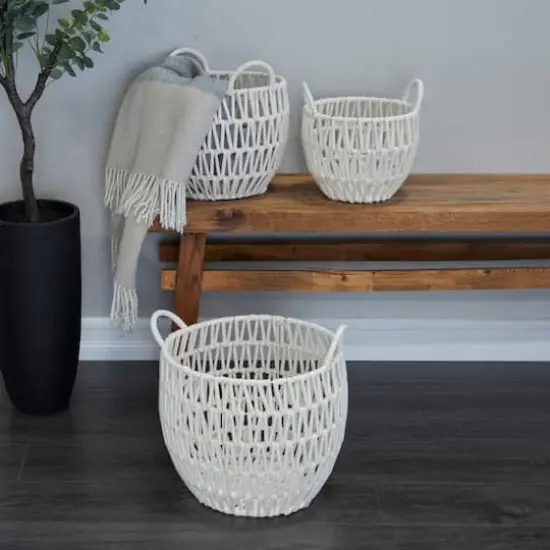 White Cotton Handmade Storage Basket with Handles Set of 3 14", 12", 10" {7}