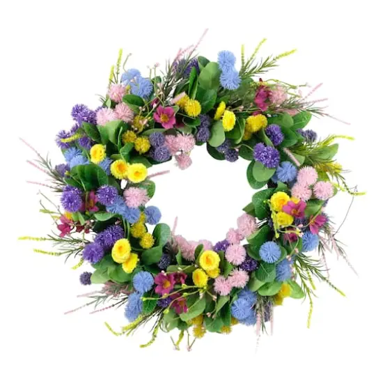 24" Pink, Blue & Yellow Spring Echinops & Chrysanthemum Floral Wreath {1}