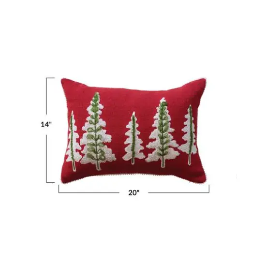 Hello Honey&reg; 20" x 14" Red, Natural & Green Cotton Slub Lumbar Pillow with Embroidered Trees & Pom Pom Trim {5}
