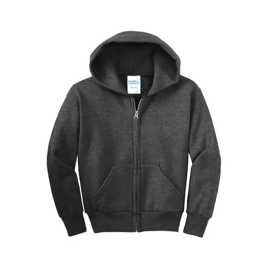 Port & Company&reg; Youth Core Fleece Full-Zip Hooded Sweatshirt Dark Heather Gray {1}