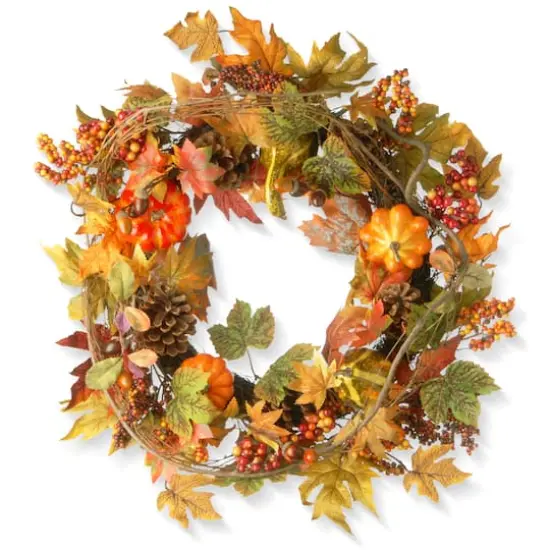 24'' Decorated Maple Leaf with Pumpkins Wreath {1}