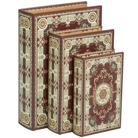 Arabesque Pattern Canvas Storage Book Box Set Red/Cream/Green {1}