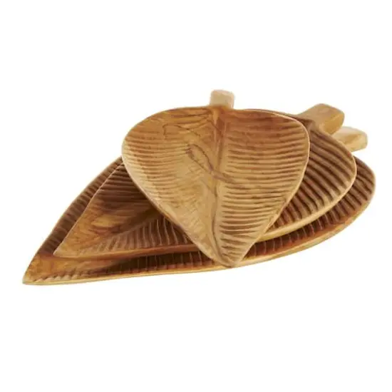 Brown Teak Wood Leaf Handmade Carved Texture Tray Set {3}