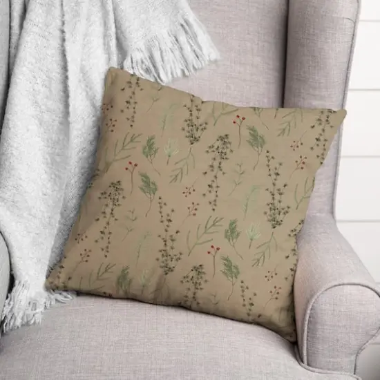 Pine Greenery on Brown Square Throw Pillow {4}