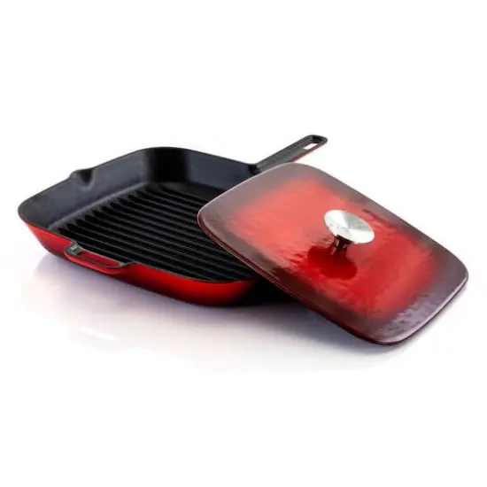 MegaChef 11" Square Red Enamel Cast Iron Grill Pan with Matching Grill Press {8}