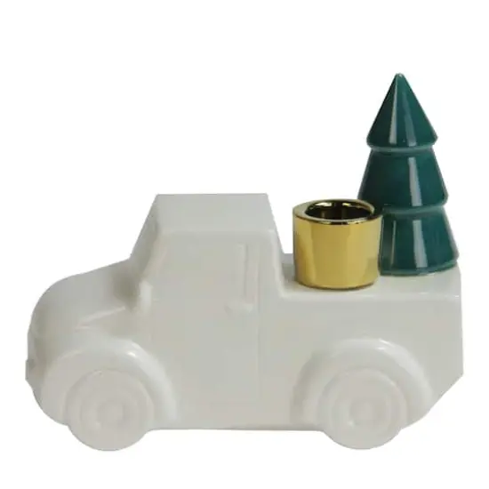5" White Ceramic Truck with Christmas Tree Taper Candlestick Holder {3}