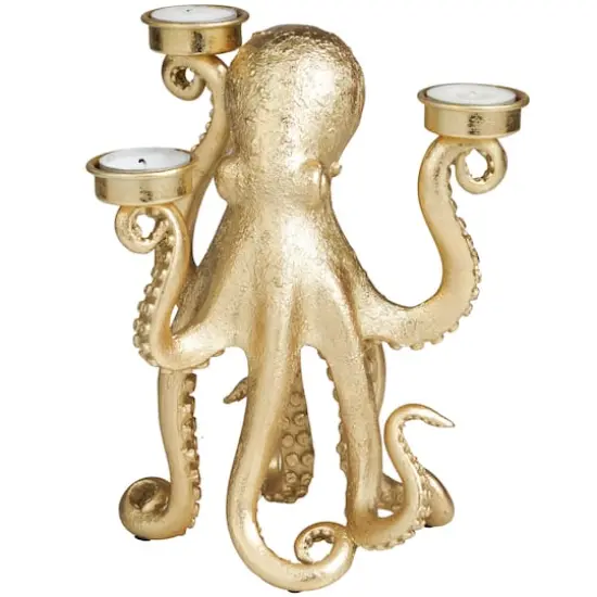 9" Gold Polystone Textured Octopus Candelabra with Tentacle Candle Slots {1}