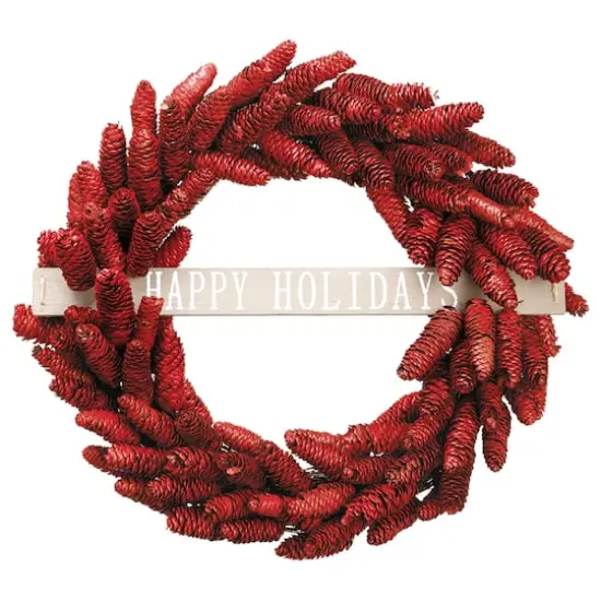 22" Red Pinecone Happy Holidays Wreath {1}