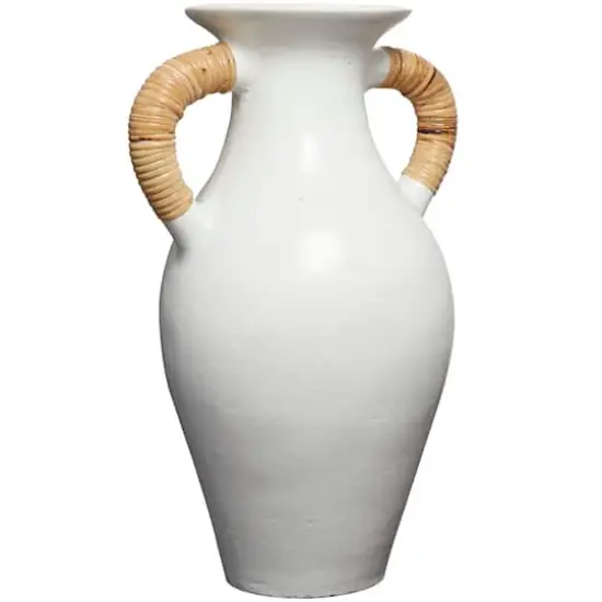 21" White Ceramic Jug Vase with Rattan Wrapped Handles {4}