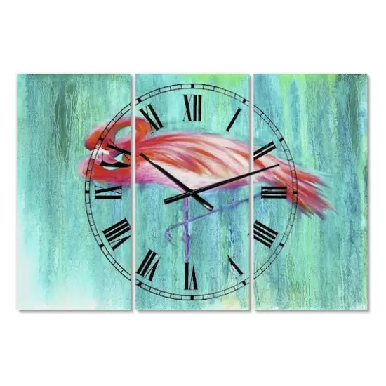 Designart Pink Flamingo In Blue Large Cottage 3 panel Wall Clock {1}