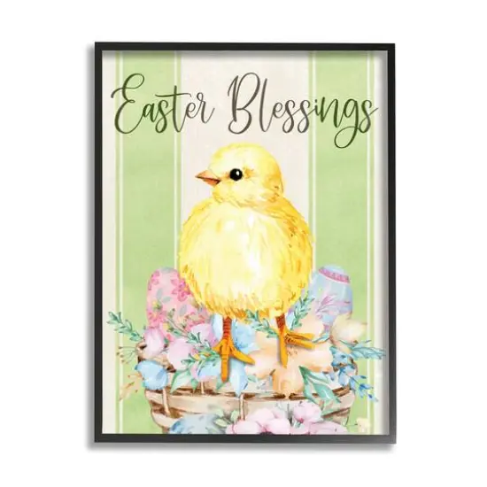 Stupell Industries Easter Blessings Text Striped Yellow Chick Egg Basket Framed Giclee Art Black {1}
