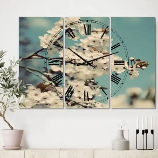 Designart White Spring Blossom Oversized Cottage 3 Panel Wall Clock {3}