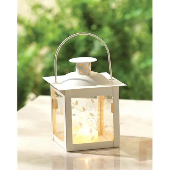 4.75" Small White Square Candle Lantern with Leaves {3}
