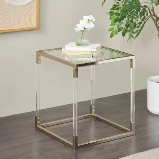 20.25" Silver Metal Floral Cube Shaped Accent Table with Clear Glass Top {3}