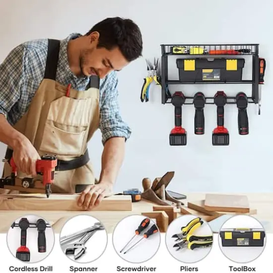 NEX™ 17" Black Wall-Mounted Power Tool Storage Rack with Basket {6}