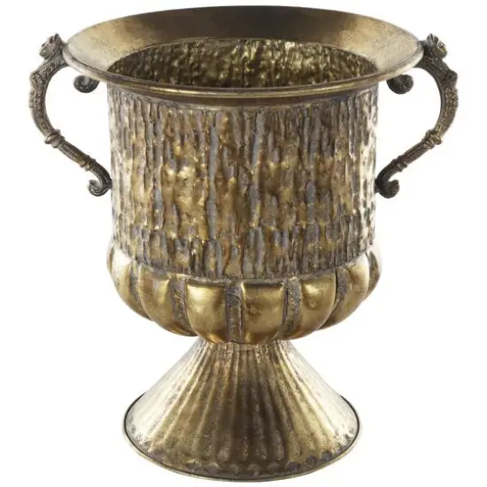 15" Gold Metal Urn Shaped Vase with Hammered Details {1}