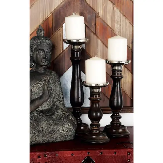 Dark Brown Mango Wood Traditional Candle Holder Set {7}