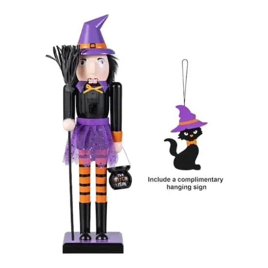Glitzhome&reg; 18.5"H Halloween Wooden Witch Nutcracker with Witch Cat Ornament {1}