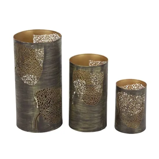 Set of 3 Metal Eclectic Lantern, 6", 9", 12 Large Brown Leaf {3}