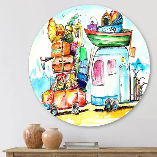 Designart - Family Travel With Caravans - Farmhouse Metal Circle Wall Art {1}