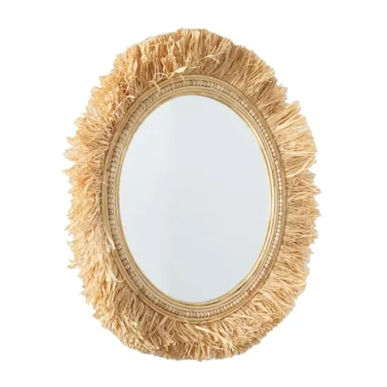 Light Brown Seagrass Wall Mirror with Fringe Detailing 35" x 1" x 35" {3}