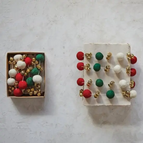 Hello Honey® 6ft. Red, Green & Cream Handmade Wool Felt Balls with Jingle Bells Garland {4}
