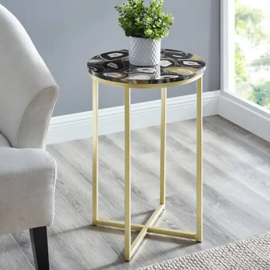 Walker Edison 16" Faux Stone Round Glam Side Table Faux Black Agate/Gold {5}