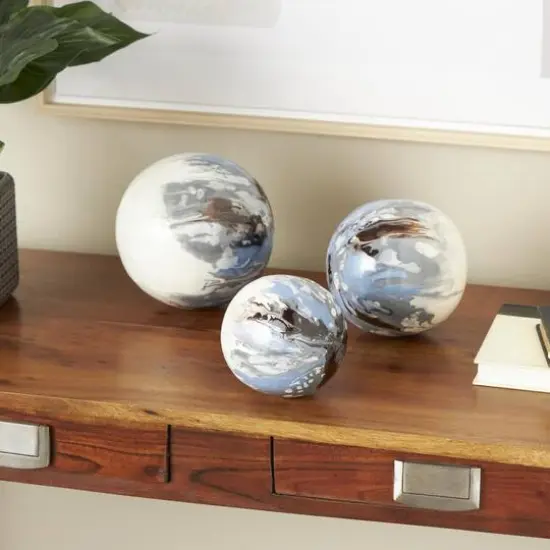 Blue, Brown & Cream Metal Abstract Swirl Orbs & Vase Filler Set {9}