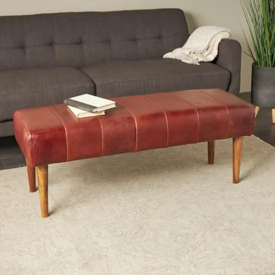 4ft. Brown Leather Upholstered Bench {3}