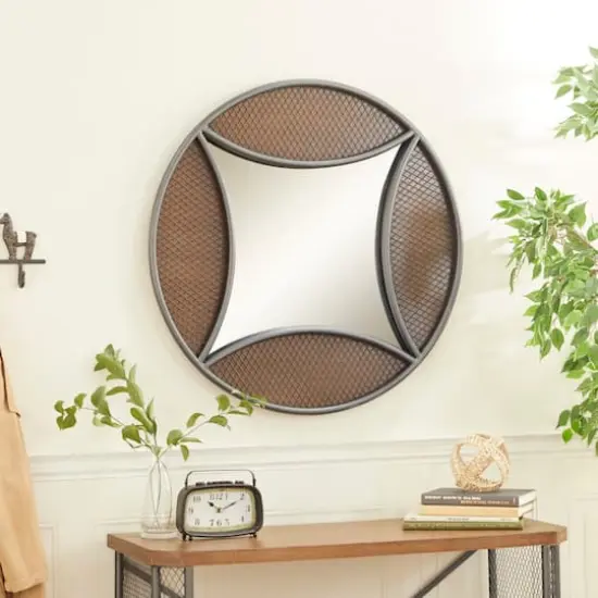 32" Brown Wood Industrial Round Wall Mirror {9}