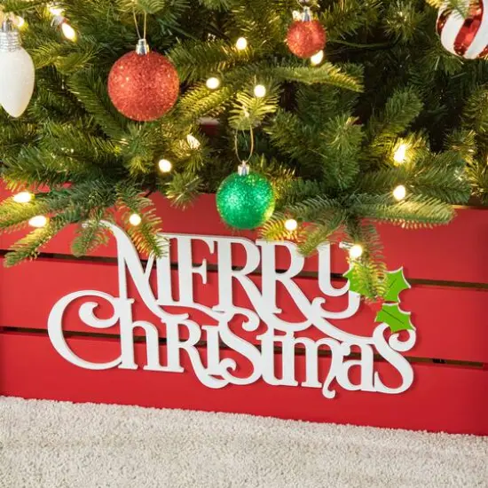 Glitzhome&reg; Red Merry Christmas Crate Tree Collar {4}