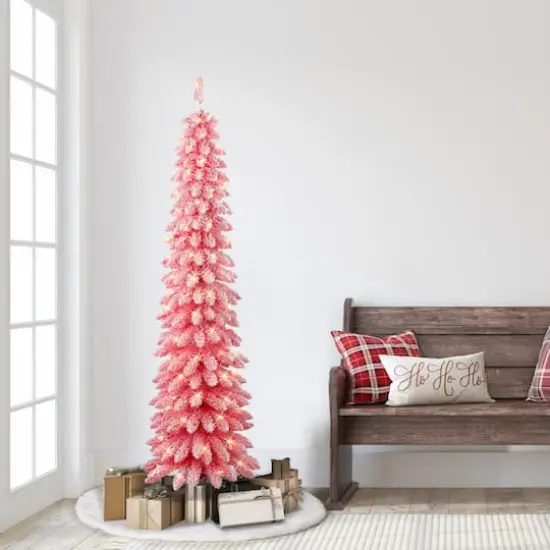 6ft. Pre-Lit Flocked Pink Artificial Alpine Pencil Christmas Tree, Clear Lights {4}
