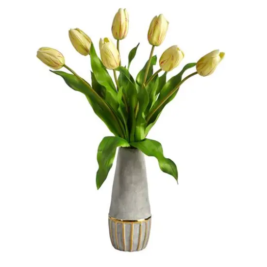 22" Yellow-Red Dutch Tulip Arrangement in Gold Trim Stoneware Vase {1}