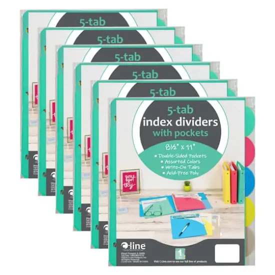C-Line&reg; 8.5" x 11" Assorted Color 5-Tab Poly Index Dividers with Slant Pocket, 6 Packs of 5 {1}