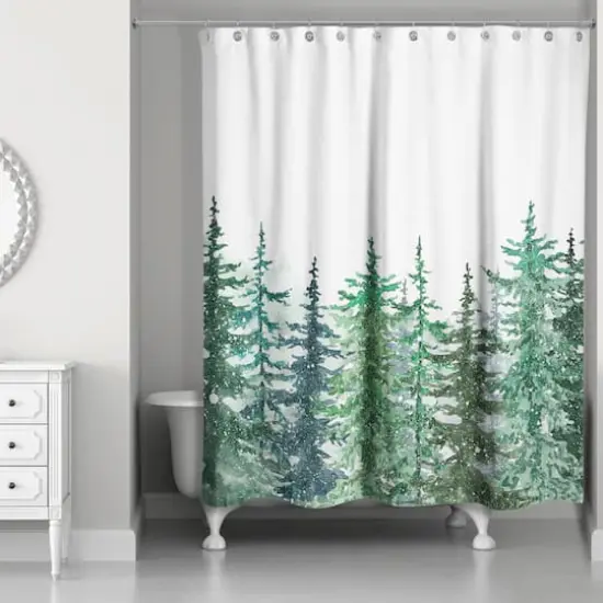 Winter Watercolor Pine Forest Shower Curtain {3}