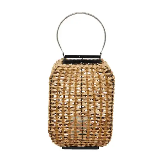 16" Brown Dried Plant Handmade Candle Lantern with Glass Holder and Handle {3}