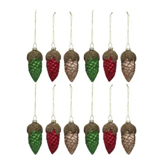 Hello Honey&reg; 12 Pack 3.5" Red, Green & Gold Round Glass Pinecone Ornaments with Glitter {1}