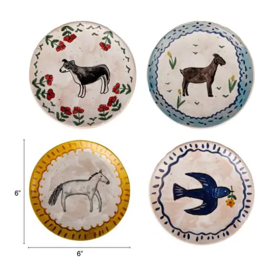 Hello Honey&reg; 6" Enchanted Fauna Series Hand-Painted Stoneware Plate Set {6}