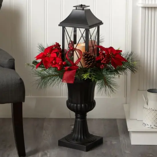 33" Christmas Berries & Poinsettia with Large Lantern & LED Candle in Decorative Urn {3}