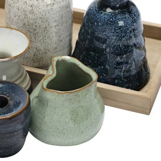 Hello Honey&reg; Multicolor Reactive Glaze Mango Wood Tray With Taper Holder and 4 Vases Set {5}