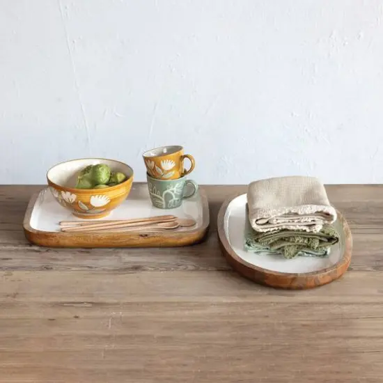 Hello Honey&reg; 18" White Oval Enameled Mango Wood Tray {3}