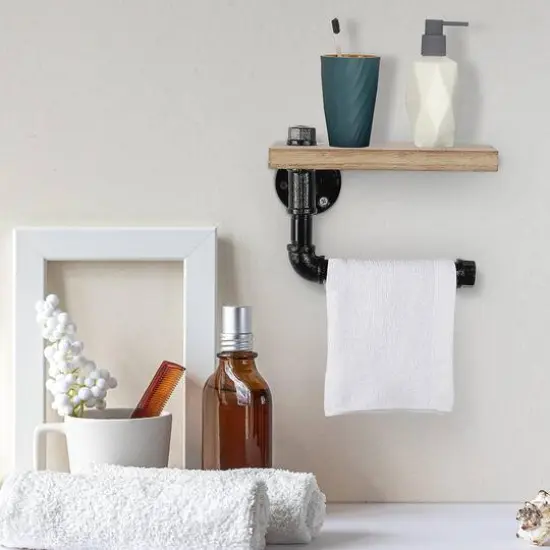Natural Brown Industrial Wall-Mounted Rustic Toilet Paper Holder with Wood Shelf {7}