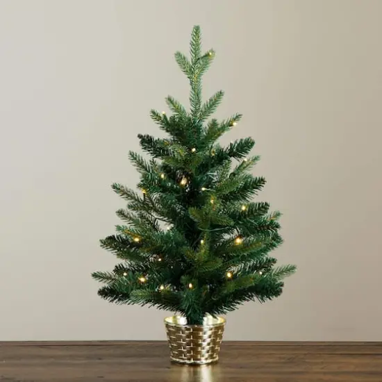 2ft. Pre-Lit Artificial Classic Christmas Tree with 35 Warm White LED Lights in Gold Decorative Planter {11}