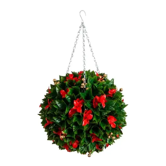 15in. UV Resistant Artificial Red Tip Photinia Christmas Hanging Ball with Gold Berries (Indoor/Outdoor) {1}