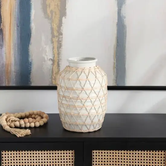 14" White Ceramic Handmade Vase with Woven Rattan Exterior {7}