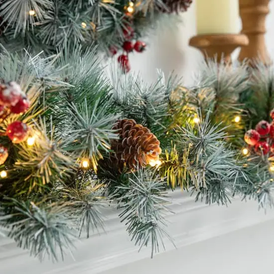 Glitzhome® 9ft. Pre-Lit Greenery Pinecones & Red Berries Christmas Garland {6}