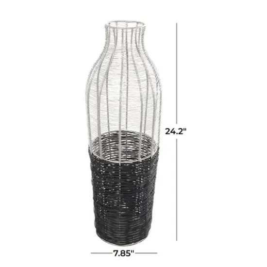 24" Silver Metal Vase with Woven Black Rattan Base {10}
