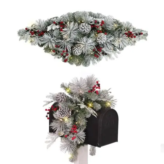 36" x 16" Pre-Lit Flocked Pine Mailbox Swag {1}