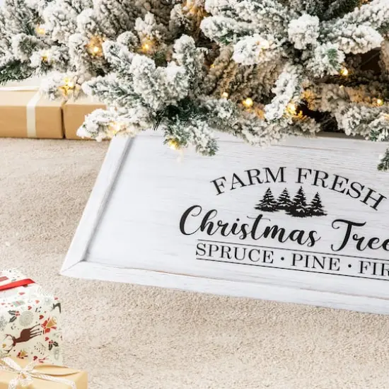 Glitzhome&reg; White 26" Farm Fresh Christmas Trees Wooden Trapezoid Tree Collar {4}